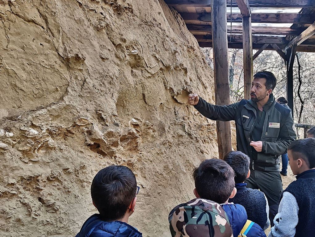 Il nostro Guardia parco Federico illustra una parete con affioramenti fossili all'interno di un'area protetta, ad una scolaresca
