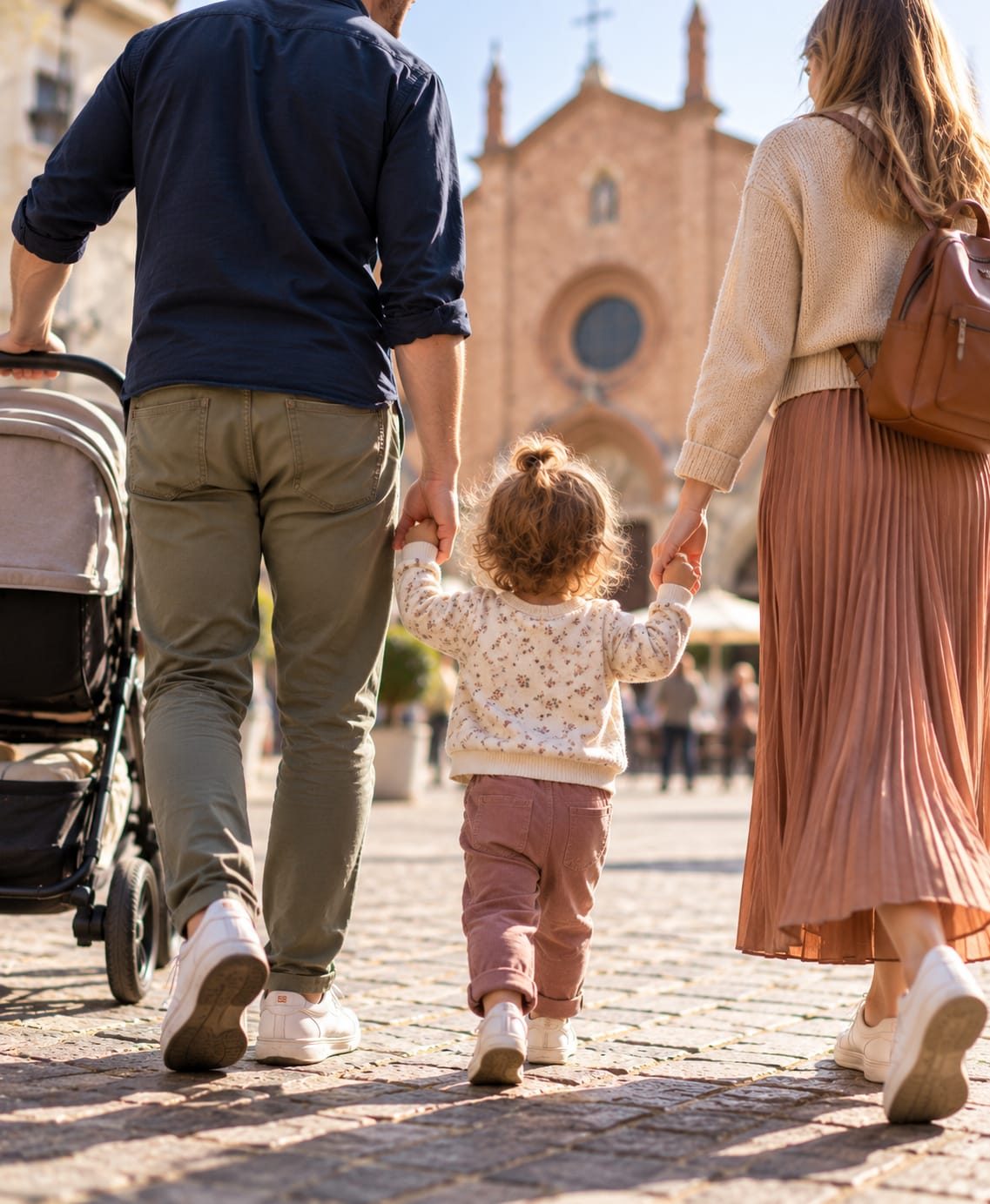Una famiglia cammina per mano in piazza San Secondo, ad Asti