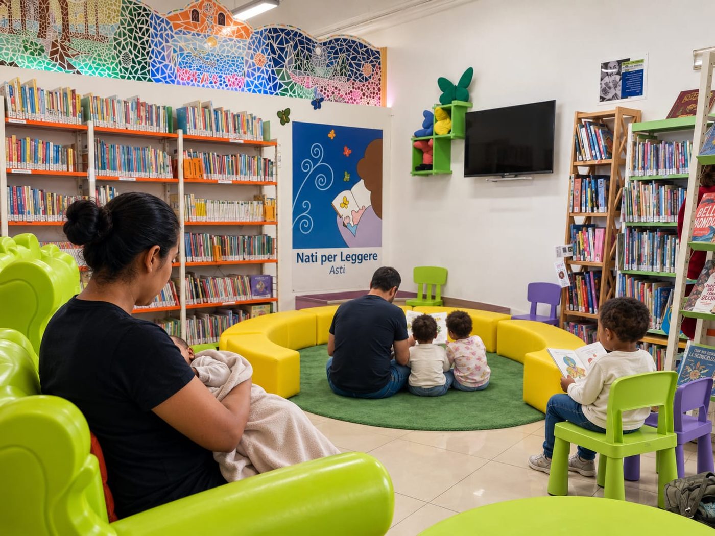 Lettura ad alta voce per bambini e bambine nella sala ragazzi di una biblioteca